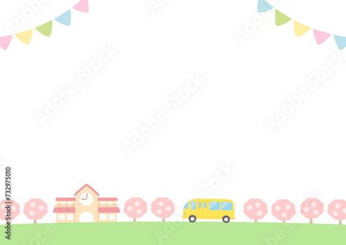 保育園の入園式のベクターイラストのセット。桜が咲く春の幼稚園と幼稚園バスとコピースペースのあるイラスト。