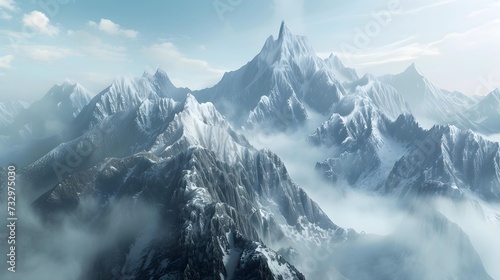 A breathtaking view of a serene snowy mountain range towering above the clouds under a peaceful sky.