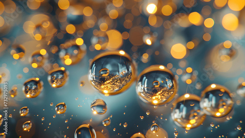 A macro shot of crystal-clear water droplets, magnified to show intricate reflections, against a backdrop of golden bokeh lights.