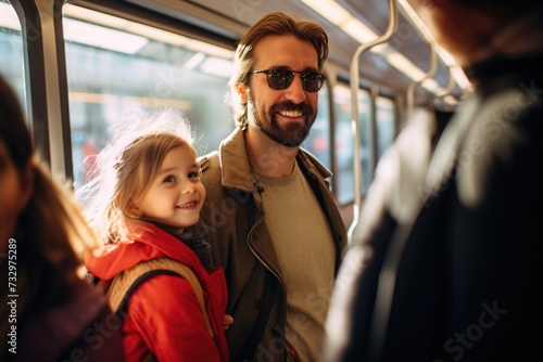 A man and a little girl on a train. Generative AI. © serg3d
