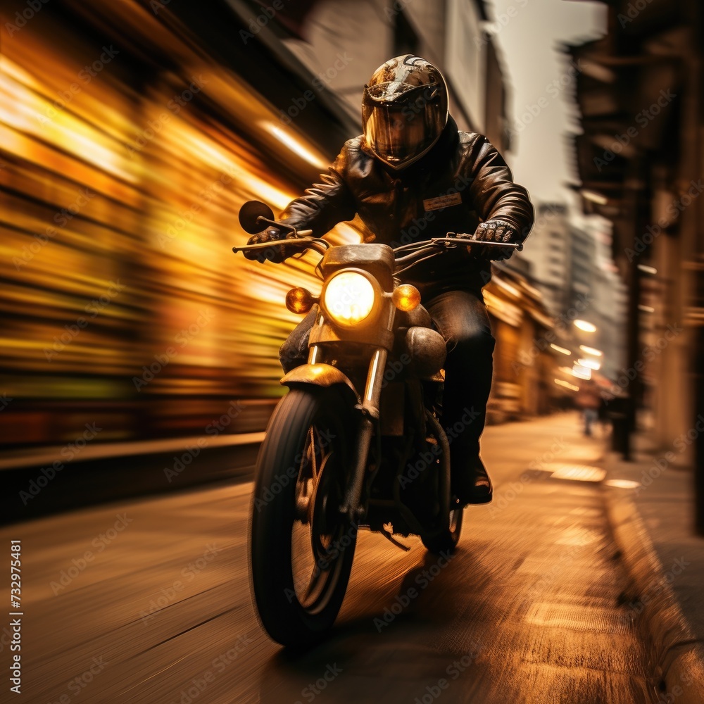 A man riding a motorcycle down a city street. Generative AI.