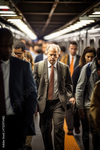 A group of people walking on a subway train. Generative AI.