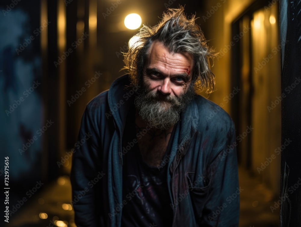 Fototapeta premium A homeless man with a beard and beard standing in a dark alley. Generative AI.
