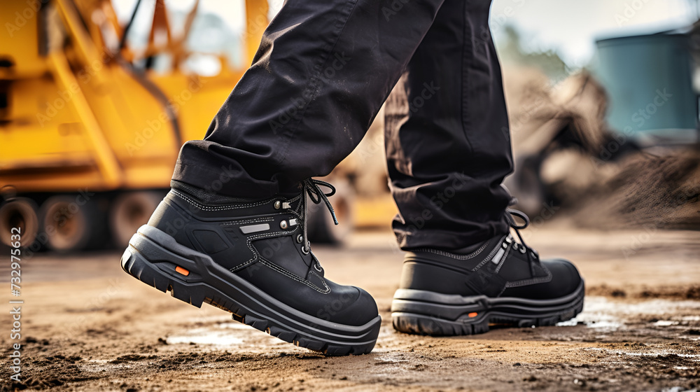 A worker wearing black safety shoes is walking in the workplace. outdoor construction site industrial building, Occupational safety concept