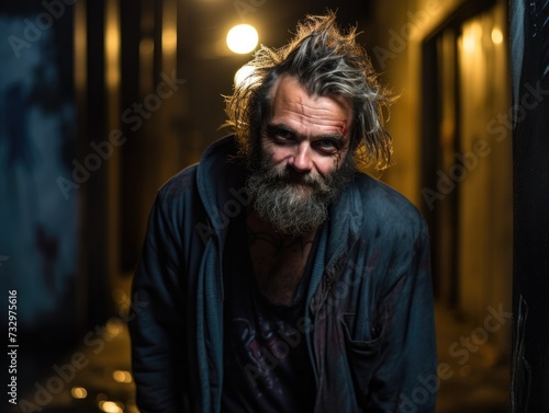 A homeless man with a beard and beard standing in a dark alley. Generative AI.