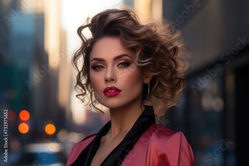 Beautiful woman with red lipstick and curly hair in the city. Generative AI.