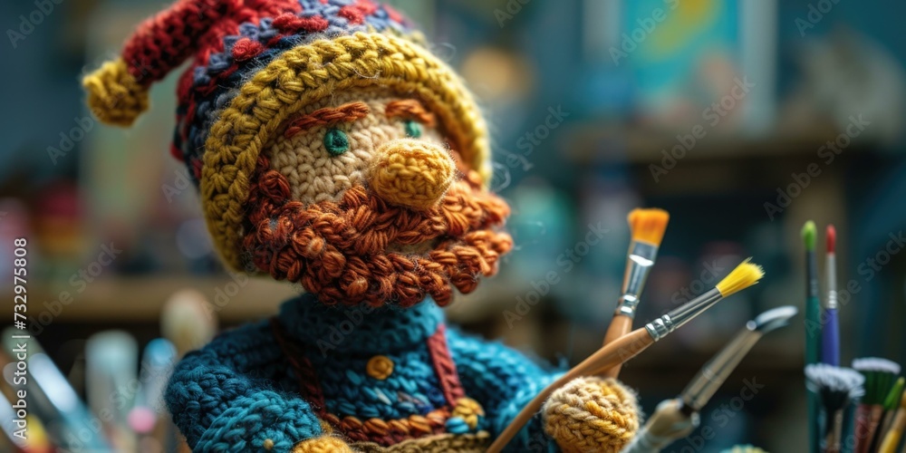 A crocheted gnome holding a paintbrush. Generative AI.