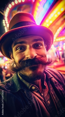 A man with a mustache and hat in front of a carnival. Generative AI.
