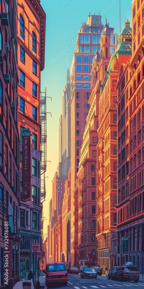 Obraz premium a street with city skyscraper in light sky-blue and light maroon