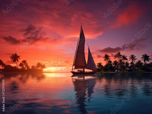 A sailboat is sailing in the ocean at sunset. Generative AI.