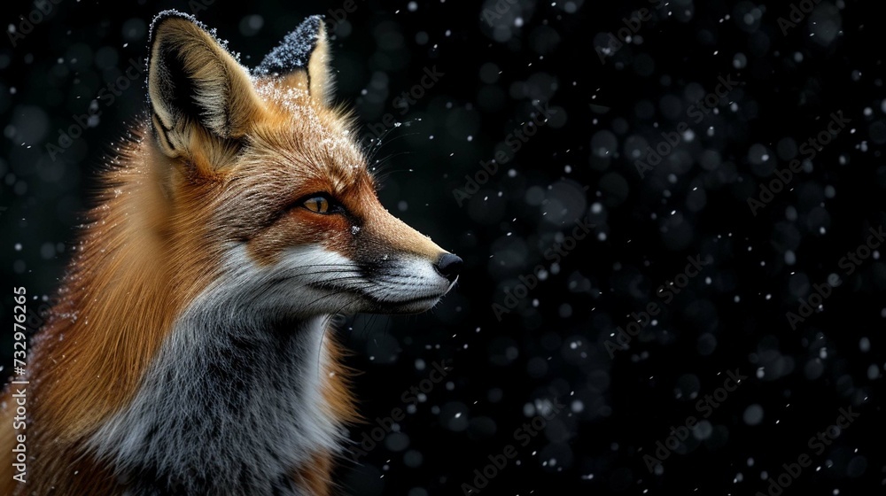 Portrait of a fox on a black background with falling snow.