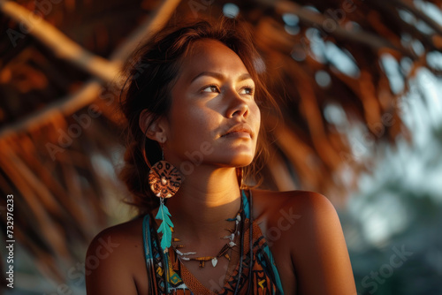 Sunset Serenity: Contemplative Young Woman with Ethnic Jewelry in Tropical Ambiance