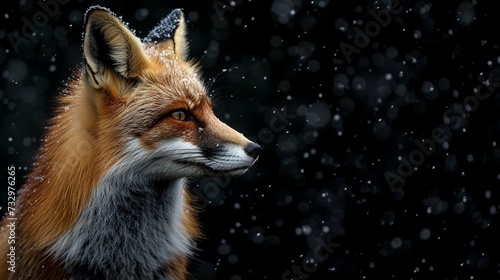 Portrait of a fox on a black background with falling snow.