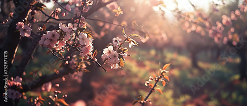 a tree with pink flowers in the sunlight photo