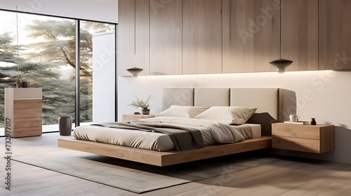 A minimalist bedroom with a canopy bed and sleek  wall-mounted nightstands