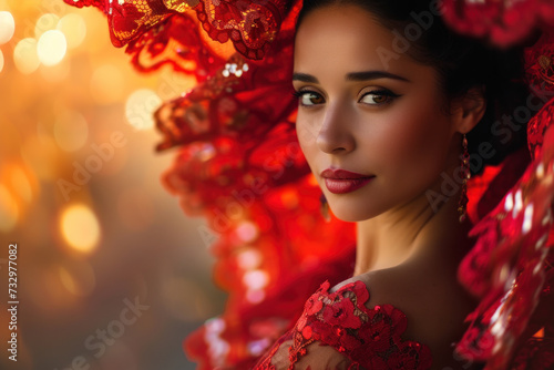 Enigmatic Woman in Red Lace Mantilla with a Dreamy Bokeh Background