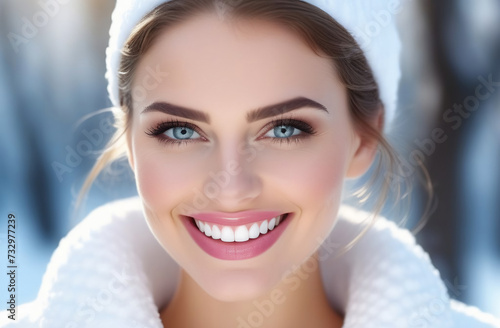 a demonstration of beautiful and healthy white teeth  a portrait of a beautiful girl with a gorgeous smile. The concept of dental health and beautiful teeth. a smiling girl with blue eyes