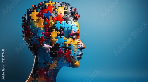 Human head made of jigsaw puzzle pieces.