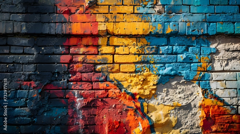 Naklejka premium a brick wall painted with multicolored paint