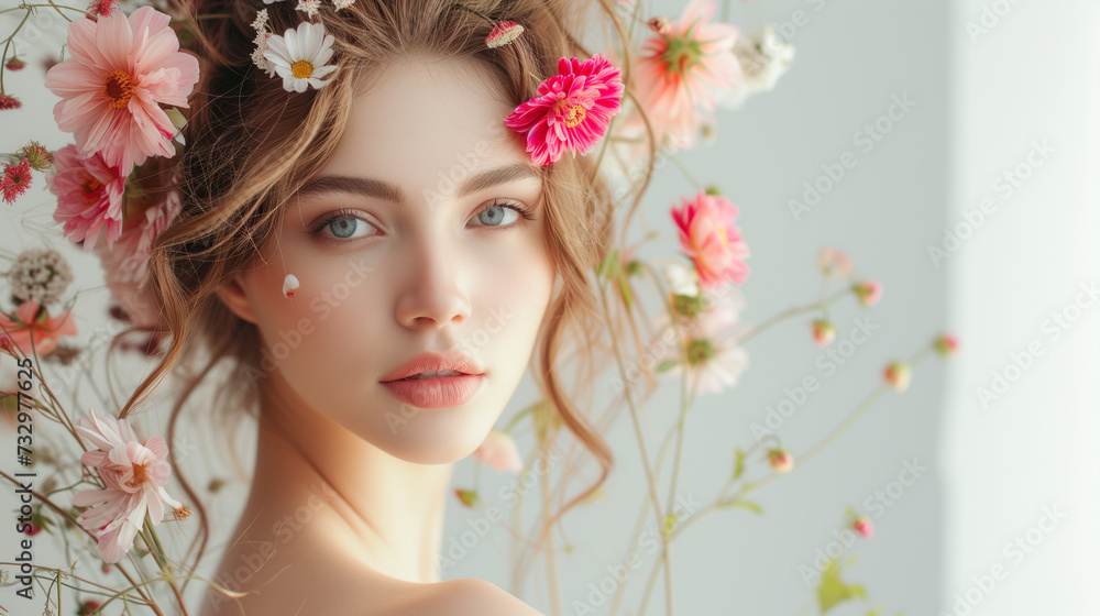 Beautiful fashion portrait of young woman with summer flowers in hairstyle. Light background with copy space