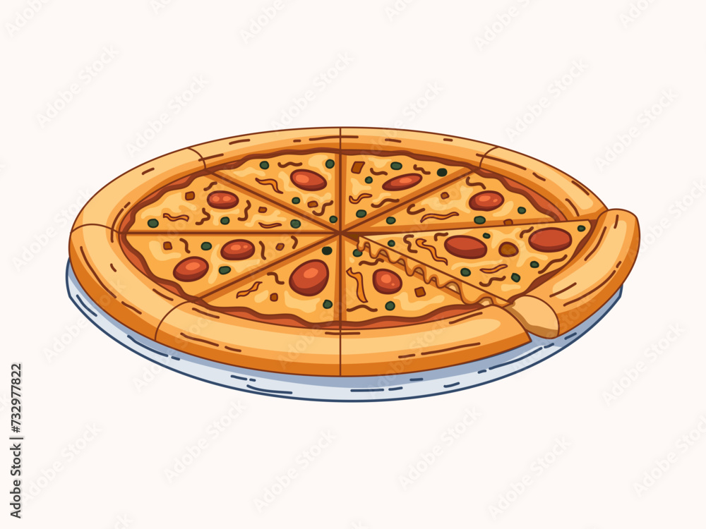 Pizza illustration clip art collection featuring a tantalizing top view of a pizza adorned with savory toppings, as well as a mouthwatering illustration of pizza in a box. 