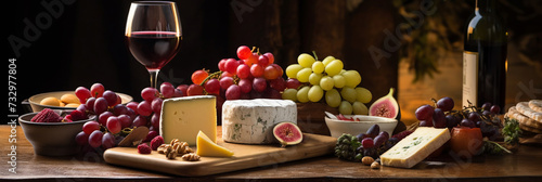 food composition in a dark key. Cheese, wine, grapes on food composition in a dark key. Cheese, wine, grapes on a dark background banner. the mood of Italy. wine and cheese tasting