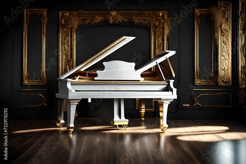 Witness the symphony of elegance in an HD image showcasing a banner with a white grand piano, adorned with golden details, standing out against a chic black background. 3D rendering photo