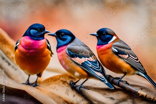 two small birds sitting on an old sheet, in the style of multilayered mixed media, musical academia, light orange and gray, hyperrealistic fauna, pink and indigo, manuscript, nature studies - © Malik