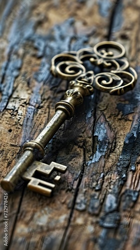 an old key is laying on a wooden surface © KWY