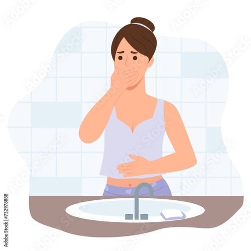 The woman suffers from nausea. Nausea during pregnancy, vomiting. Symptom of illness, health problems. Poisoning,Abdominal pain.Isolated flat vector illustration
