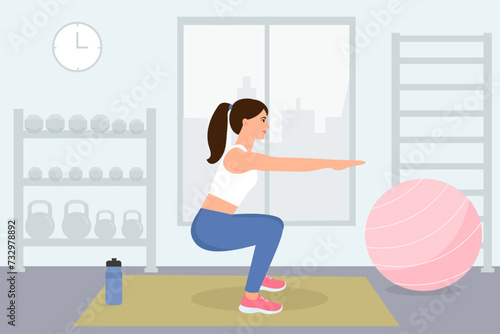 A woman is doing exercises in gym. A young girl squats. Flat vector illustration.