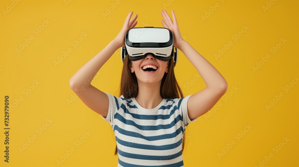 Joyful girl with hands raised, exploring a fun virtual world with her VR headset, against a vivid yellow background, embodying excitement and modern play.