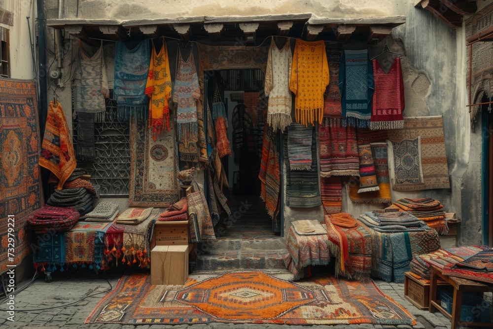 a colorful rug hanging and being sold at an old market a colorful rug hanging and being sold at an old market