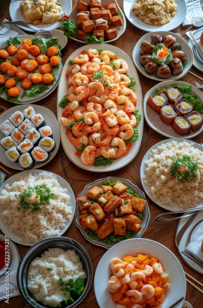 a dining table filled with Asian food besides vegetables and shrimp a dining table filled with Asian food besides vegetables and shrimp