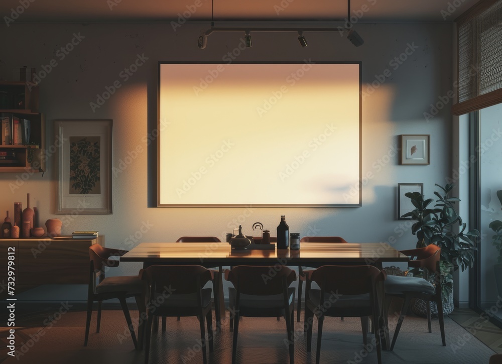 a modern dining room with a blank framed wall mounted above a table a modern dining room with a blank framed wall mounted above a table