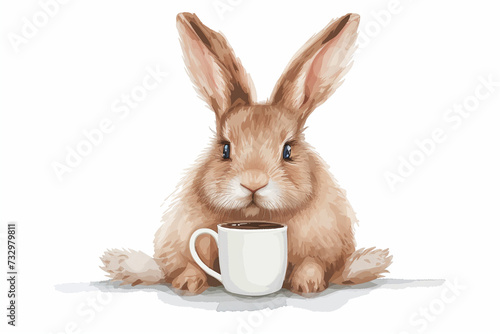 Cute drawn bunny with big cup of coffee, enjoys drinking