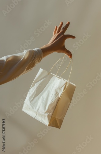a person picks up a shopping bag and tosses it into the air