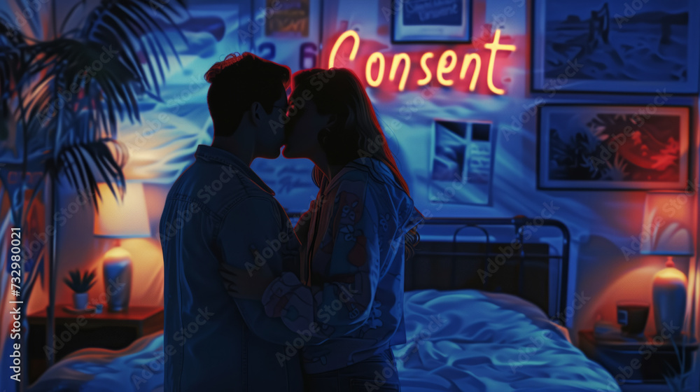 Consent concept image with a man and woman couple on bed in a bedroom in an intimate moment