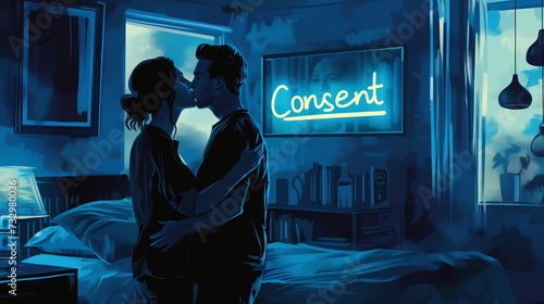 Consent concept illustration with a man and woman couple on bed in a bedroom in an intimate moment