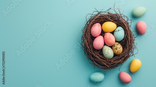 Colorful Easter Nest Flat Lay Playful Eggs Nestled in a Whimsical Nest on a Serene Blue Background
