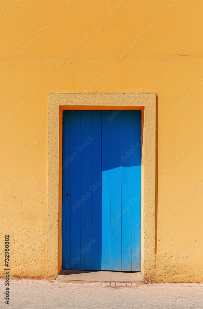 a door on a yellow background with a blue door