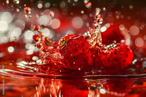 a group of red strawberries floating on top of water