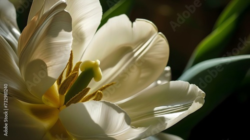 a close up of a white flower with green leaves