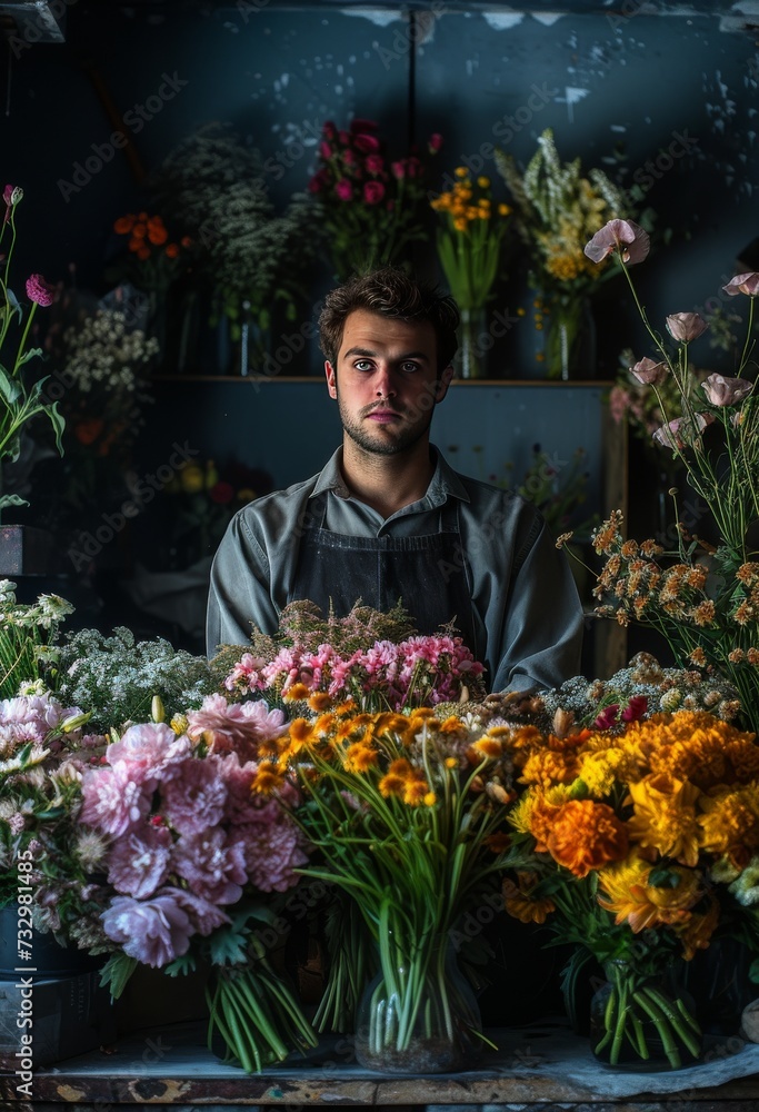 a florist man standing surrounded by flower