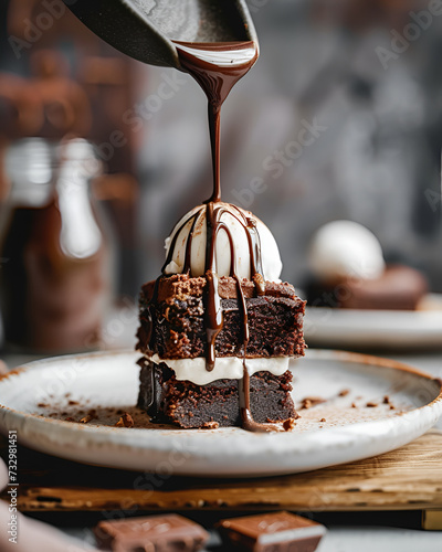 Three layers of brownies topped with vanilla ice cream drizzled with chocolate cream from above