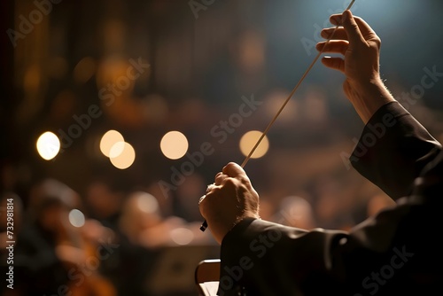 a conductor holding a baton in front of an audience