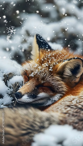 a red fox sleeping in the snow