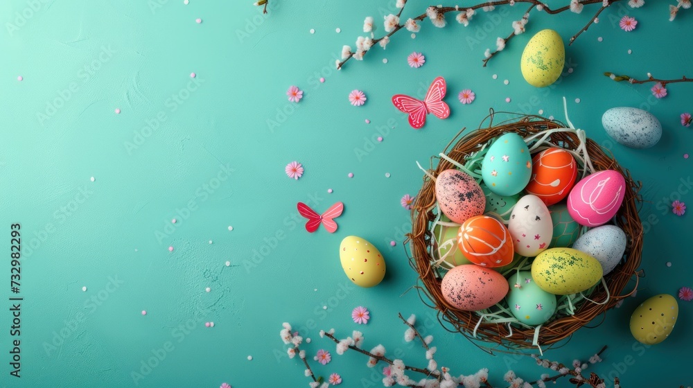 A beautiful flat lay composition featuring vibrant Easter eggs in a basket A beautiful flat lay composition featuring vibrant Easter eggs in a basket