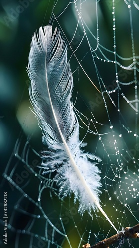 a white feather sitting on top of a spider web