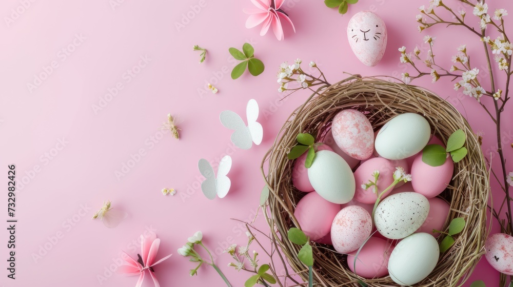 Create a whimsical Easter scene with a flat lay photo of beautifully decorated eggs in a charming basket